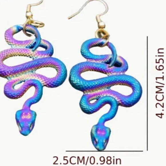 Silver Metallic Snake Design Dangle Earrings, Gothic Punk Style - Picture 2 of 2